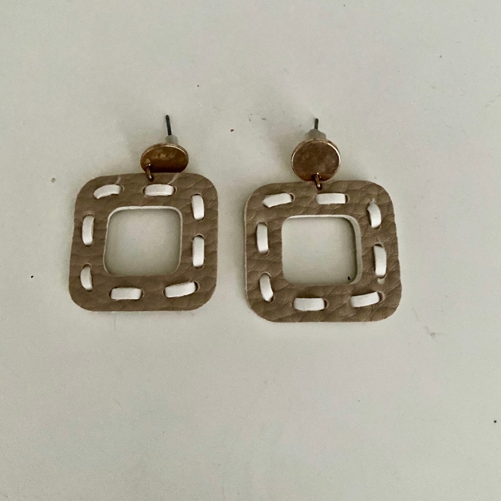 Gold tone and Leather Square Earrings
